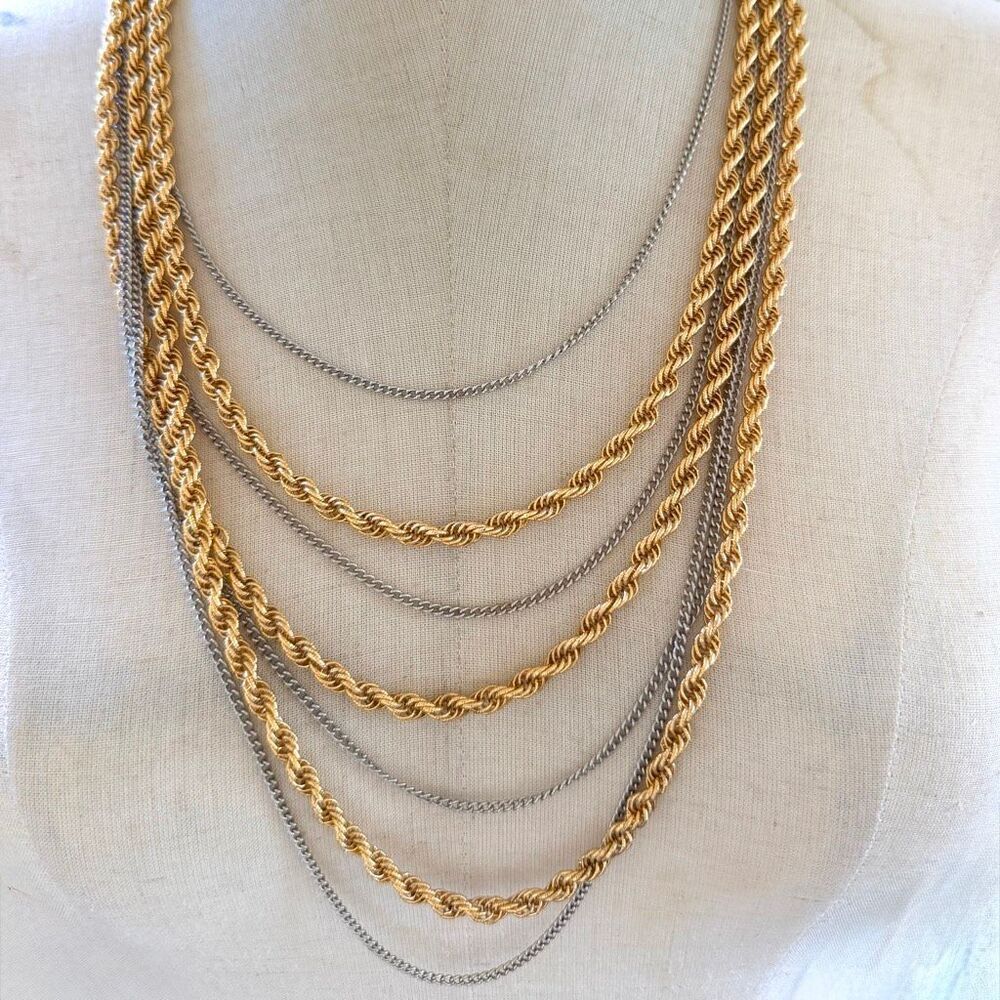 Vintage Multi Strand Chain Necklace Gold Silver Tone Layered Rope Chain Statemen